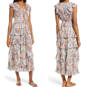 RAGA Anthropologie Romina Metallic Paisley Floral Layered Ruffle Maxi Dress